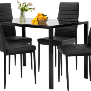 FDW | 5-Piece Dining Table Set | Glass Kitchen Table with 4 Upholstered Chairs | Space-Saving Design | Faux Leather Cushions | Modern Rectangular Table | Black | for Dining Room, Small Spaces