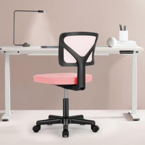 Sweetcrispy Office Computer Desk Chair, Ergonomic Low-Back Mesh Rolling Work Swivel Chairs with Wheels, Armless Comfortable Seat Lumbar Support for Home, Bedroom, Study, Student, Adults, Pink