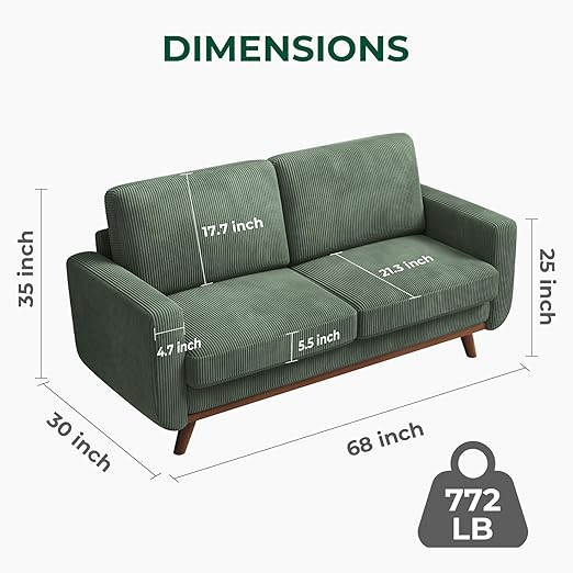 Vesgantti 68" Loveseat Sofa - Green, Comfy Corduroy with Spring Cushion, Solid Wood Frame, Modern Deep Seat, Bedroom & Living Room, Office Couch - Image 5