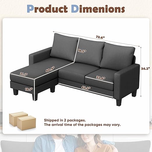 JUMMICO Couch for Small Living Room, 73" Small Sofa with Reversible Ottoman, 3 Seat L-Shaped Sofas, Comfy Couches for Apartment (Linen Fabric, Dark Grey) - Image 2