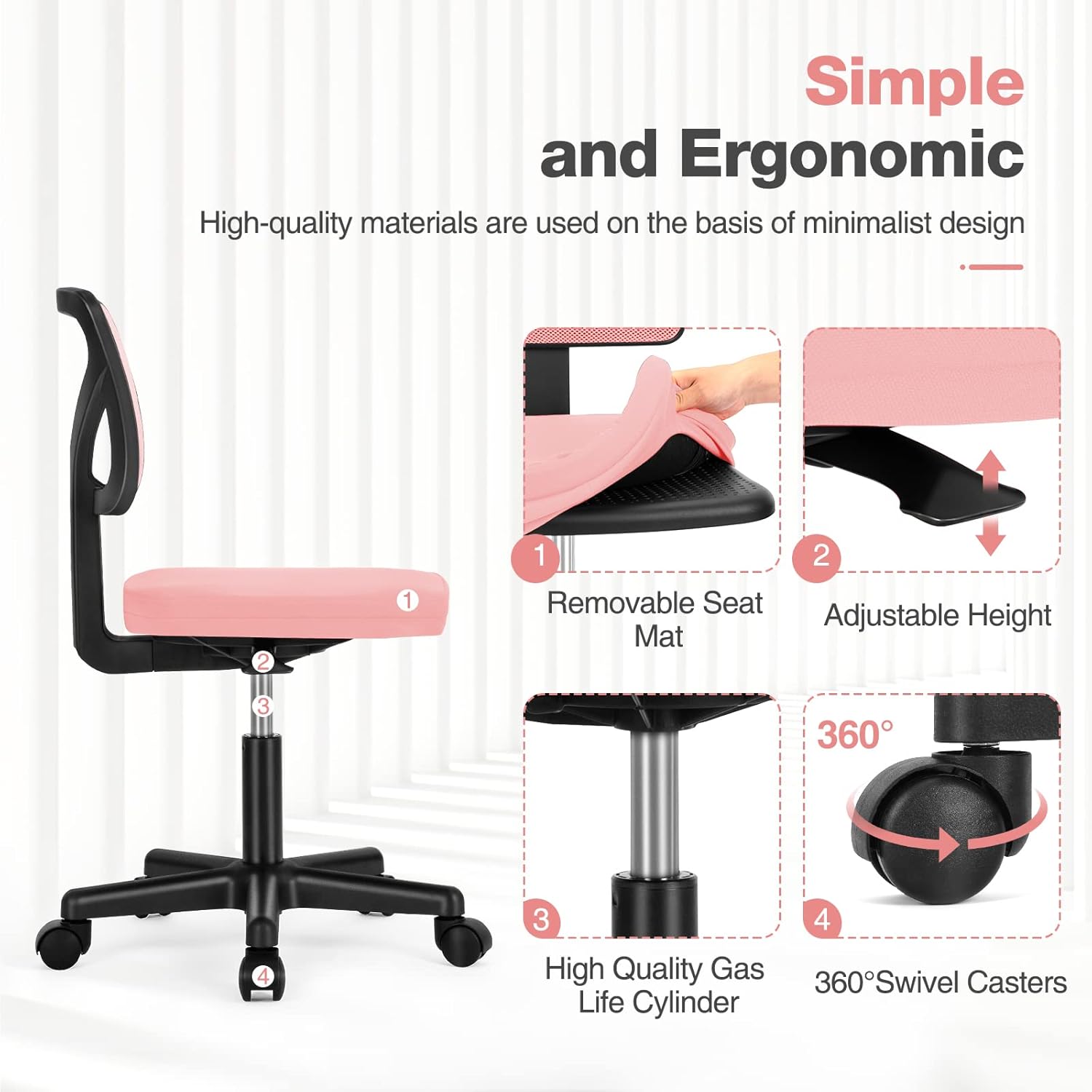 Sweetcrispy Office Computer Desk Chair, Ergonomic Low-Back Mesh Rolling Work Swivel Chairs with Wheels, Armless Comfortable Seat Lumbar Support for Home, Bedroom, Study, Student, Adults, Pink - Image 3