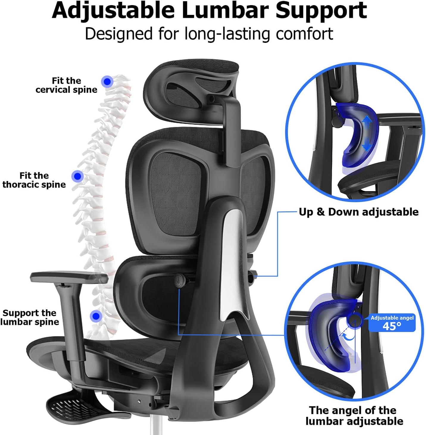 Ergonomic Mesh Office Chair with 3D Adjustable Armrest,Plastic Frame High Back Desk Computer Chair Ergo3d Ergonomic Office Chair with Wheels for Home & Office Black - Image 4