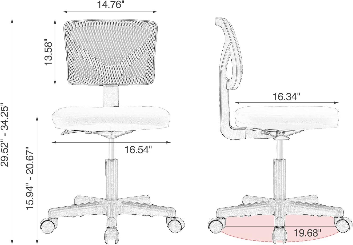 Sweetcrispy Office Computer Desk Chair, Ergonomic Low-Back Mesh Rolling Work Swivel Chairs with Wheels, Armless Comfortable Seat Lumbar Support for Home, Bedroom, Study, Student, Adults, Pink - Image 2