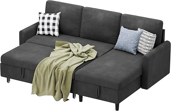 Shintenchi Sofa Couch, Sofa Bed- 2 in 1 Pull Out Couch Bed with Storage Chaise for Living Room, Sofa Bed Sectional Sofa Couch Linen Couch (Grey Black) - Image 3