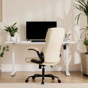 Sweetcrispy Ergonomic Office Chair Heavy Duty Task Desk Chair with Flip-up Arms, PU Leather, Adjustable Swivel Rolling Chair with Wheels, Beige