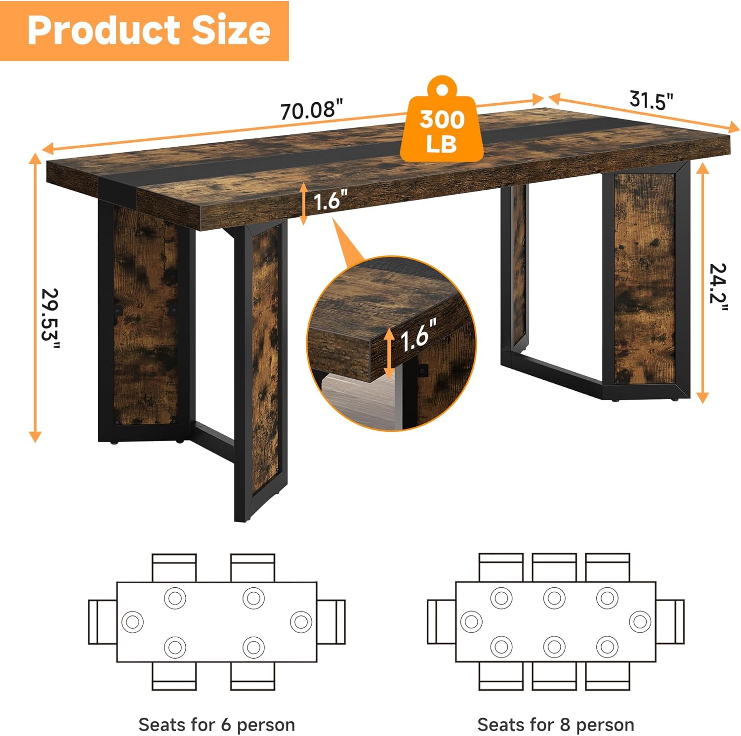 Industrial Dining Table for 6-8 People, 71" Large Long Wooden Kitchen Table with Sturdy Metal Frame & Brown Finish, Rustic Style Rectangular Dinner Table for Dining Room, Kitchen (Vintage Brown) - Image 3