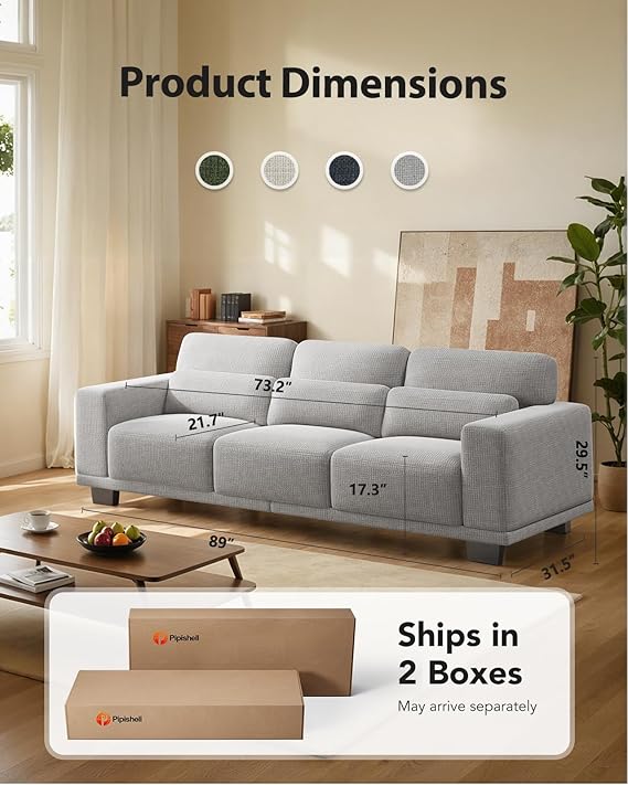 Pipishell 3 Seater Couch, Sofas for Living Room with Deep Seats and Wide Armrests, 89" Comfy 3 Seater Sofa, Supportive with Thickened Cushion, Cotton-Linen Couches, Removable & Washable Covers, Grey - Image 2