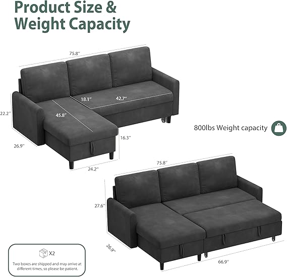Shintenchi Sofa Couch, Sofa Bed- 2 in 1 Pull Out Couch Bed with Storage Chaise for Living Room, Sofa Bed Sectional Sofa Couch Linen Couch (Grey Black) - Image 2