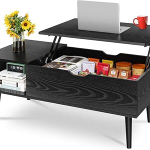 OLIXIS Wood Lift Top Coffee Table with Hidden Compartment and Large Storage Shelf, Lift Tabletop Dining Center Table for Home Living Room Office, Black