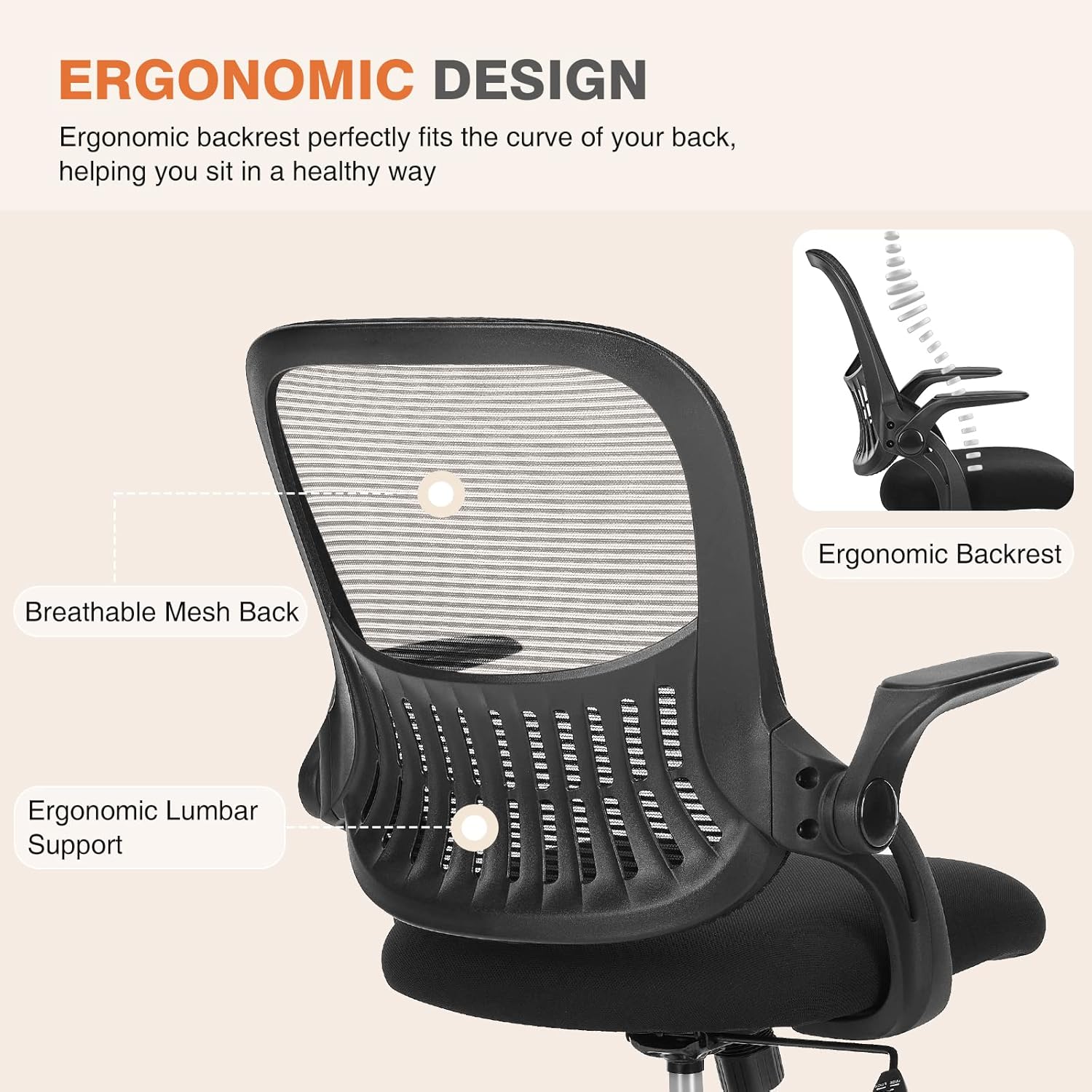 Sweetcrispy Office Computer Desk Chair, Ergonomic Mid-Back Mesh Rolling Work Swivel Task Chairs with Wheels, Comfortable Lumbar Support, Comfy Flip-up Arms for Home, Bedroom, Study, Student, Black - Image 4