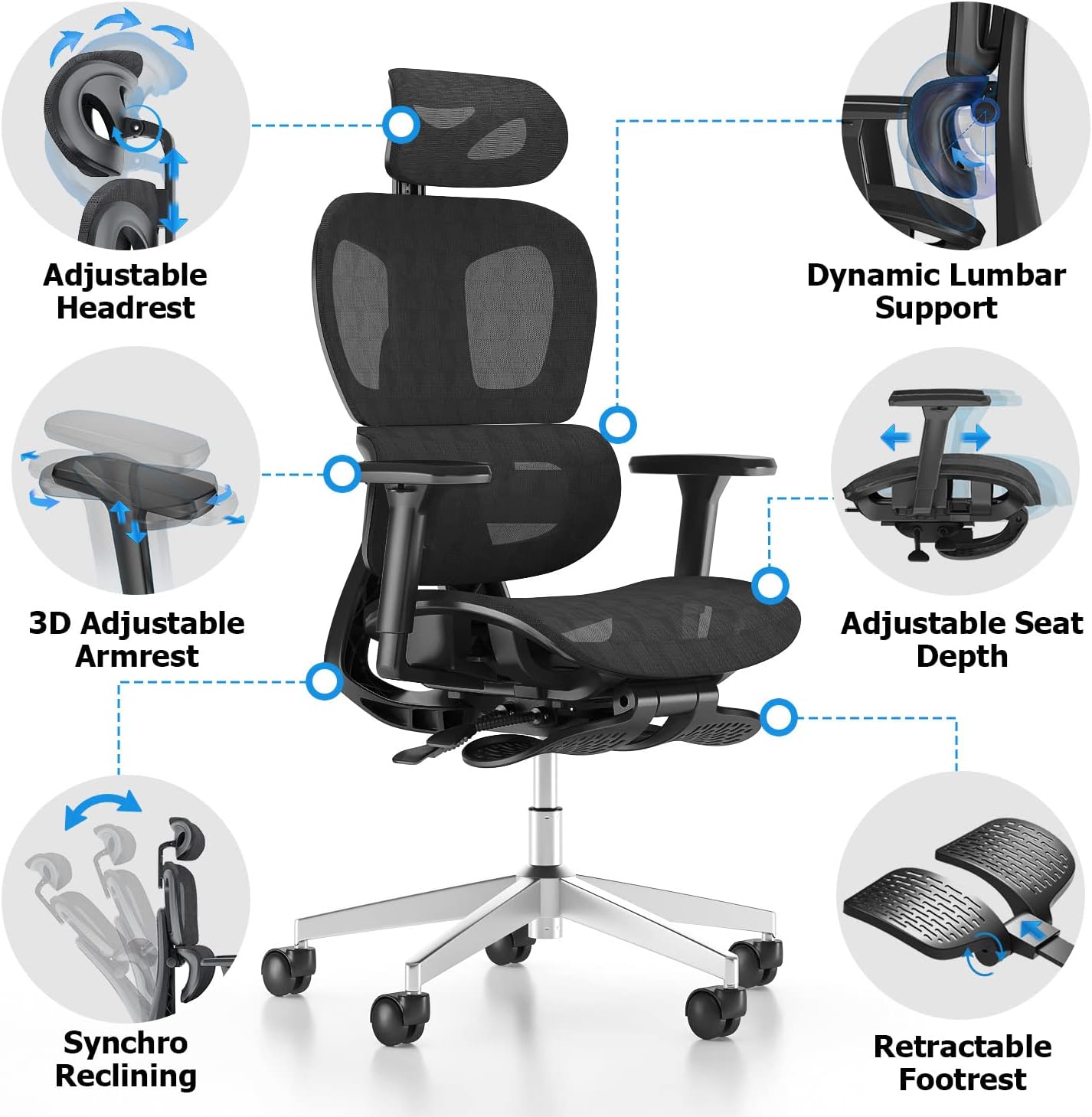 Ergonomic Mesh Office Chair with 3D Adjustable Armrest,Plastic Frame High Back Desk Computer Chair Ergo3d Ergonomic Office Chair with Wheels for Home & Office Black - Image 2