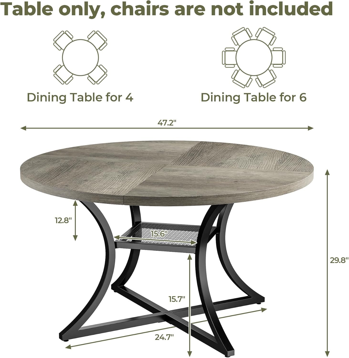 IRONCK 47.2" Round Dining Table for 4, Wood Kitchen Table with Storage Shelf for Dining Room, Dinner Table with Wooden Tabletop and Metal Base, Gray - Image 4