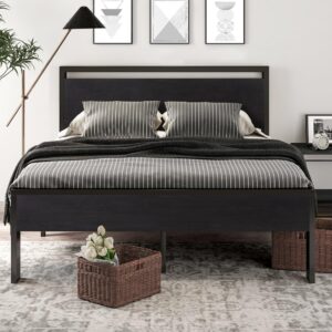 SHA CERLIN 14 Inch Full Size Metal Platform Bed Frame with Wooden Headboard and Footboard, Mattress Foundation, No Box Spring Needed, Large Under Bed Storage, Non-Slip Without Noise, Black Oak
