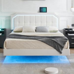 IDEALHOUSE Floating Bed Frame Full Size with RGB Led Lights, Upholstered Platform Full Bed with Adjustable Headboard, Button Tafted Headboard No Box Spring Needed, Easy to Assemble