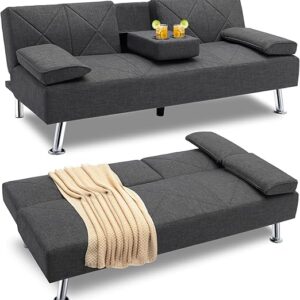 VECELO Modern Convertible Folding Futon Sofa Bed with Removable Armrests Breathable Linen Recliner Couch for Living Room/Apartment Lounge, 2 Cup Holders
