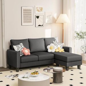 JUMMICO Couch for Small Living Room, 73" Small Sofa with Reversible Ottoman, 3 Seat L-Shaped Sofas, Comfy Couches for Apartment (Linen Fabric, Dark Grey)