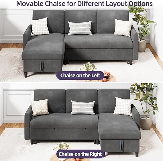 Shintenchi Sofa Couch, Sofa Bed- 2 in 1 Pull Out Couch Bed with Storage Chaise for Living Room, Sofa Bed Sectional Sofa Couch Linen Couch (Grey Black) - Image 4