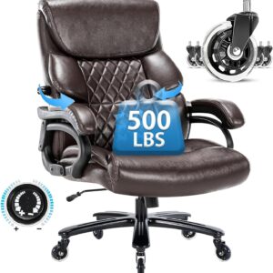 Big and Tall Office Chair 500 LBS-Executive Office Chairs for Heavy People-Heavy Duty Office Chairs with Sturdy Rolling Wheels-Desk Chair with Adjustable Lumbar Support Black Faux Leather Chair Brown