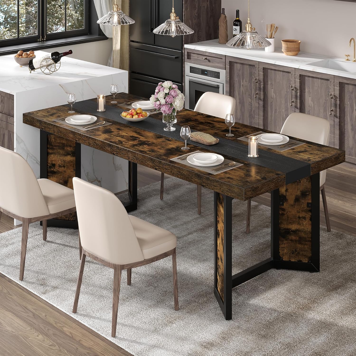 Industrial Dining Table for 6-8 People, 71" Large Long Wooden Kitchen Table with Sturdy Metal Frame & Brown Finish, Rustic Style Rectangular Dinner Table for Dining Room, Kitchen (Vintage Brown) - Image 2