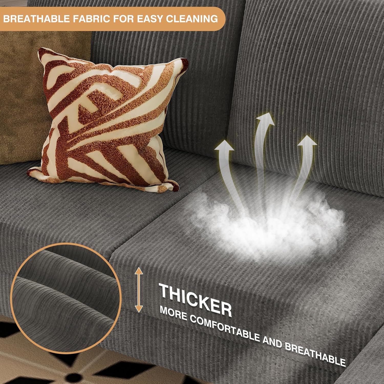 VICTONE Convertible Sectional Sofa Couch, 3 Seat L-Shaped Sofa with Linen Fabric Ottoman Small Couch for Small Apartments, Living Room and Office (Corduroy, Gray) - Image 3