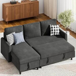 Shintenchi Sofa Couch, Sofa Bed- 2 in 1 Pull Out Couch Bed with Storage Chaise for Living Room, Sofa Bed Sectional Sofa Couch Linen Couch (Grey Black)