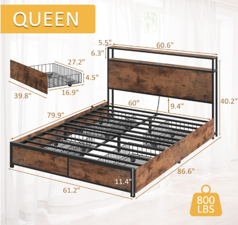 Lifezone Queen Bed Frame with 2-Tier Storage Headboard, Metal Platform Bed Frame with 4 Storage Drawers, Built in Charging Station & LED, Noise-Free/Metal Support/No Box Spring Needed, Vintage Brown - Image 5