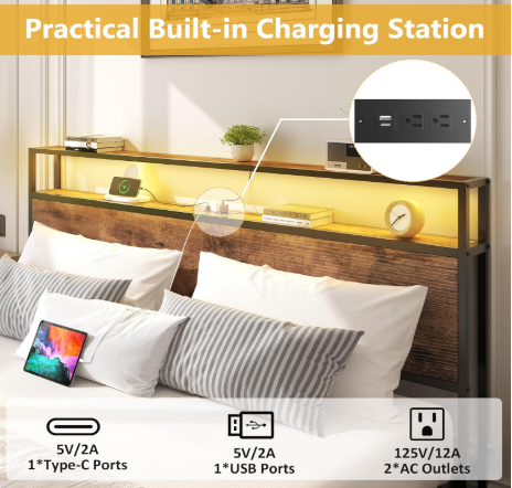 Lifezone Queen Bed Frame with 2-Tier Storage Headboard, Metal Platform Bed Frame with 4 Storage Drawers, Built in Charging Station & LED, Noise-Free/Metal Support/No Box Spring Needed, Vintage Brown - Image 4